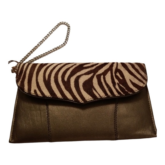 Chi by Carlos Falchi Italian Lambskin Wristlet - Metallic Grey with Zebra - Picture 1 of 2